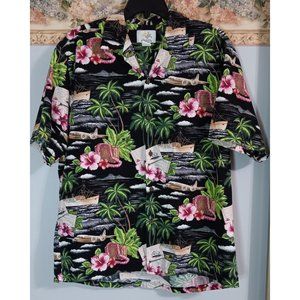 Ho Aloha Hawaii Large Vintage Button Up Vacation Tropical Travel Ship Plane Shir